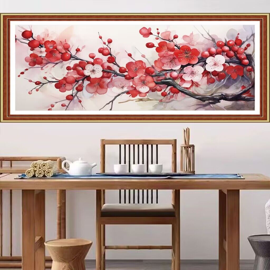 Embroidery Job - 9ct 110x50cm czerwone z kwiatowym haftem