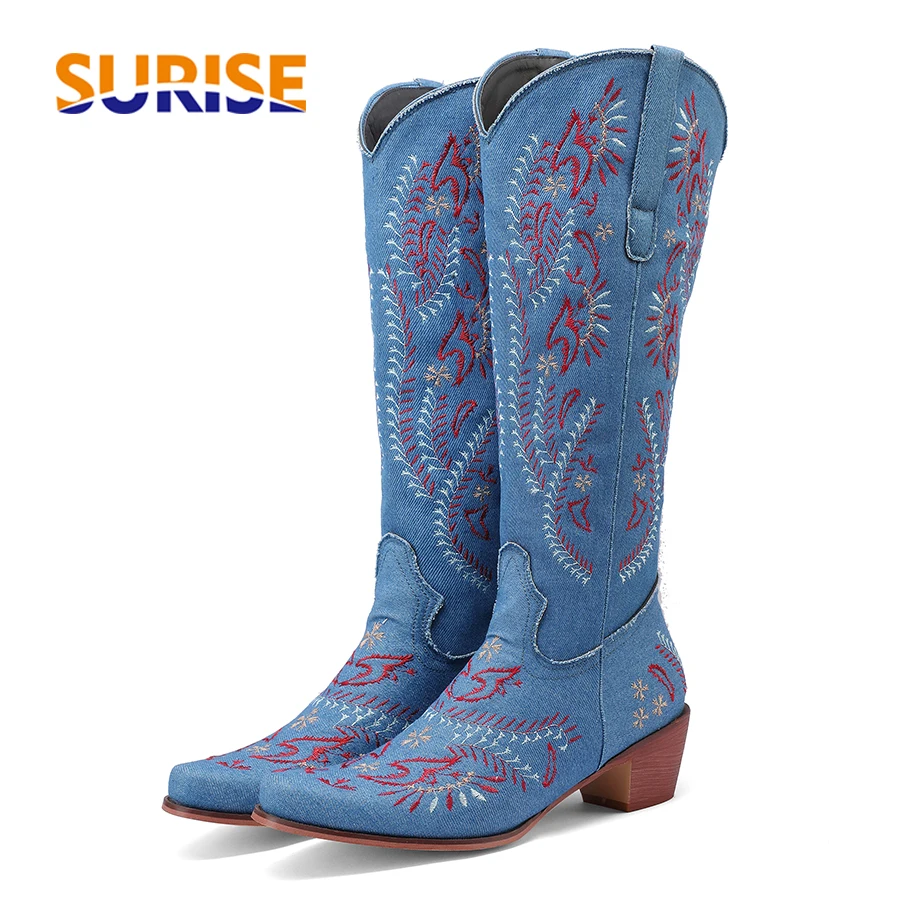 Embroidery Yes - Niebieskie dżinsy Western Cowgirl Knee High